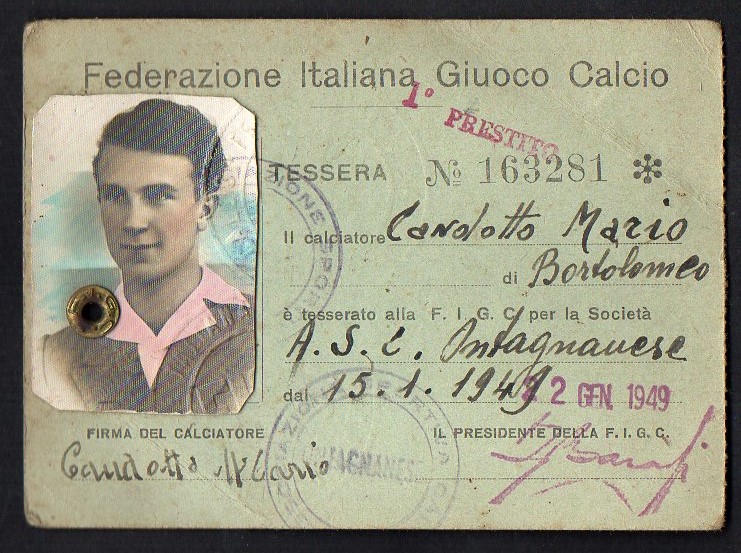 A.S.C. Ontagnanese 22 gennaio 1949 Candotto Mario tessera di riconoscimento